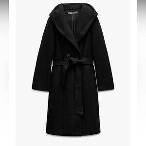 Zara Midnight Black Hooded Coat belted soft hooded jacket coat